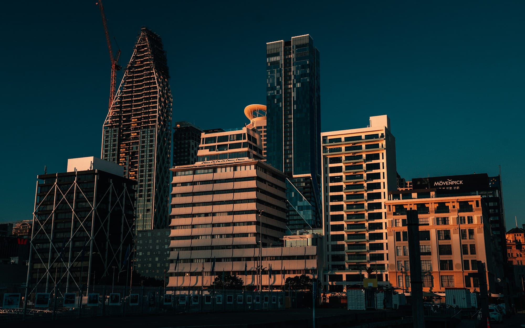 Modern Auckland skyscrapers in warm golden-hour light